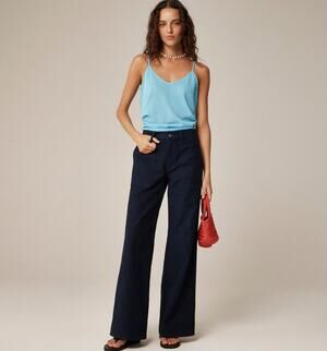 J.Crew Camp Pocket Wide Leg Pant Sz 32 Navy Mid-Rise Stretch Zip Fly Flared Leg